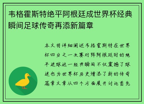 韦格霍斯特绝平阿根廷成世界杯经典瞬间足球传奇再添新篇章